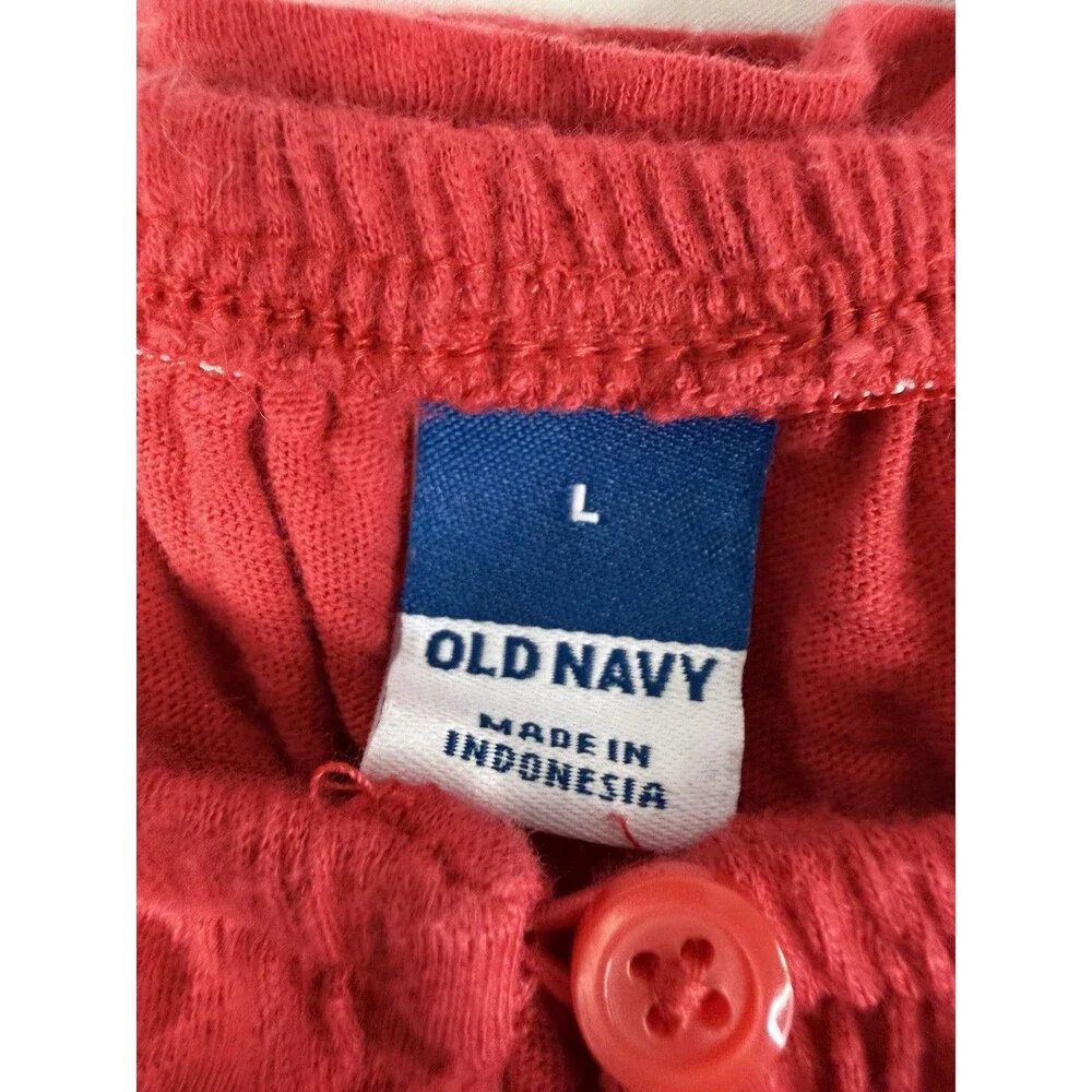 Old Navy Womens Large Red Cotton Slub Puff Sleeve Keyhole Blouse Top